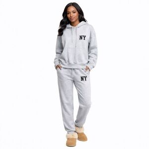 ZARA Cozy NY Logo Hoodie & Jogger Lounge Set | Gray | Casual Chic